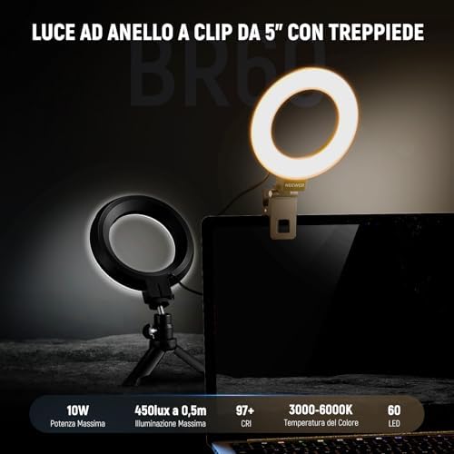 BASICS 5" Ring Light con Mini Treppiede per Videoconferenza da Scrivania, Kit Streaming con Clip per Monitor Webcam Computer Laptop Trucco Selfie Registrazione Video, Panno da Pulizia, BR60