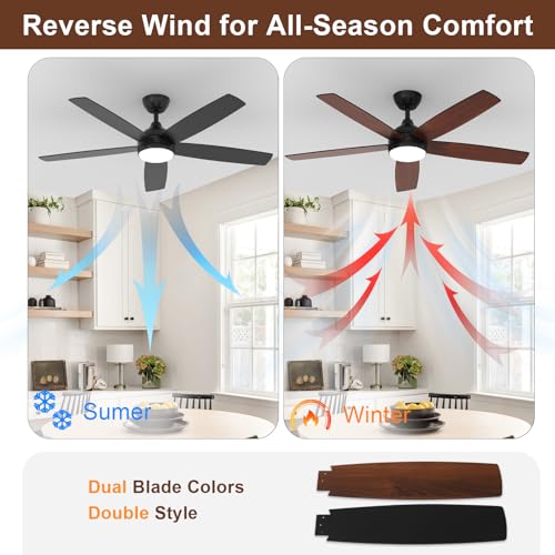 Dorlink Ceiling Fans with Lights and Remote, 52 Inch Flush Mount Ceiling Fan Light for Bedroom, Low Profile LED Ceiling Light with Fan, 6 Speeds Quiet DC Motor, Dimmable Reversible, Walnut/Black