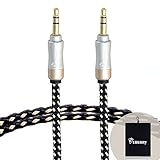 eBerry® [A04 3.5mm Male to Male Audio Cable] Special Color Contrast High Quality Nylon Fiber Cloth Foil Shielded Slim Waist Connector Shell Audio Aux Cable Car and Home Auxiliary Stereo Jack Cable Cord (4.6ft/1.4m) + Black Microfiber Storage Pouch Carrying Bag for Apple iPad, iPhone, iPod, Samsung Galaxy, Android Phone, Tablet , MP3 Players (Silver Connectors)
