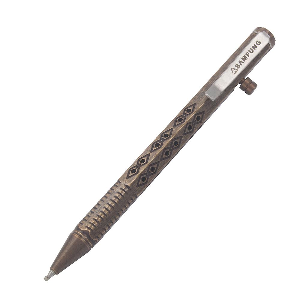 SAMFUNG Stick Ballpoint Pen Solid Brass EDC Pen, Six Edge Hollow Out Grip, Portable Delicate Signature Pen with Pencil Case and 2 Extra Black Ink Refills