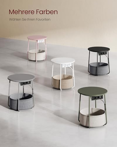 LILEA Kollektion - Beistelltisch rund, Kleiner Tisch, Couchtisch mit Steckdose, Wohnzimmertisch, Korb aus Stoff, Stauraum für Wohnzimmer, Nachttisch modern, mattweiß-Kamelbraun LET228W02