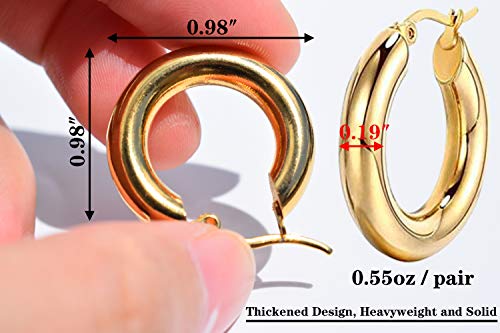 18k Gold Hoop Earrings, 2 Pairs Classic Shiny Polished Round Hoop Earrings for Women Girls Dainty Minimalist Open Hoop Earrings Wide Chunky Stainless Steel Earrings Jewelry Gift (Φ 0.98“)
