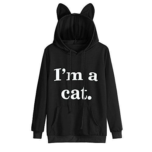 Han Shi Hoodies, Women Fashion Womens Cat Hat Letter Print Long Sleeve Shirt Tops Blouse (L=(US M), Black) - Thumbnail 7