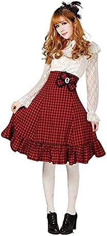 MSLONG Sweety Girls Cosplay Lace Skirt Red and Black Plaid High-Waist Lolita Bowknot Bubble Skirt (S)