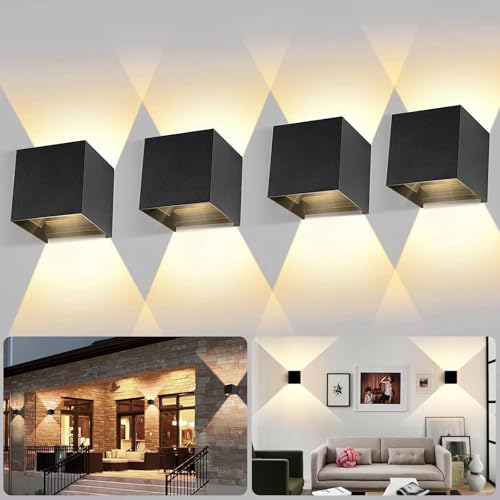 KIROGILY 4 Pcs Lampara de Pared Exterior, 12 W Lamparas de Pared Interior de Casas, Arbotantes de Pared, Iluminacion Hogar Muro, Impermeable IP65, Ángulo de Haz Ajustable Hacia Arriba Y Hacia Abajo
