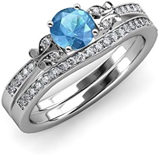 Blue Topaz &amp; Diamond Butterfly Engagement Ring &amp; Wedding Band Set 1.40 ct tw in 14K White Gold.size 8.5
