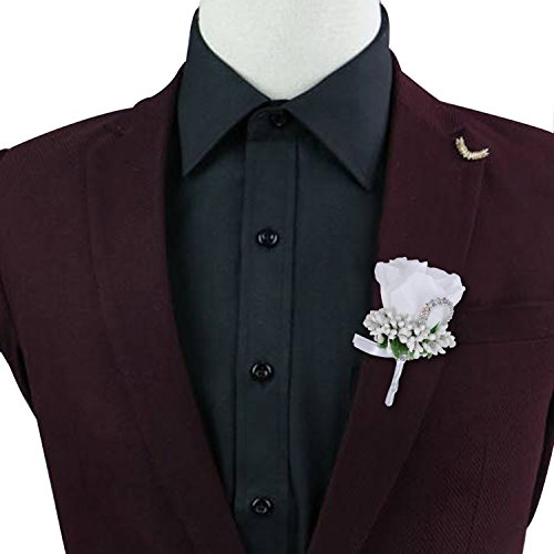 YSUCAU Rose Boutonniere Handmade Corsage Classic Artificial Groom Flowers Brooch with Pin for Wedding Prom Party (White)