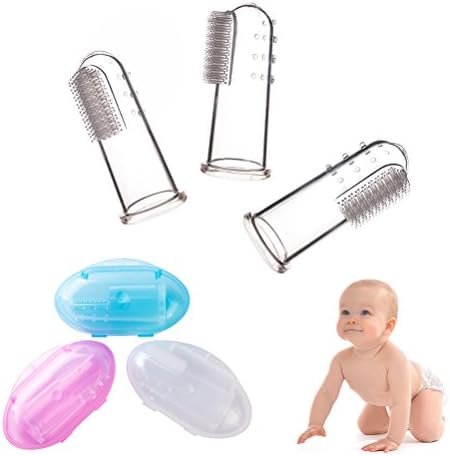 Baby Finger Toothbrush, 3 Pcs BPA Free Finger Brush Tongue Brush, Silicone Soft Bristles Massaging Bumps for Babies Toddlers Kids, Blue Pink Clear Cases, Finger Toothbrush for Kid's Healthy Oral