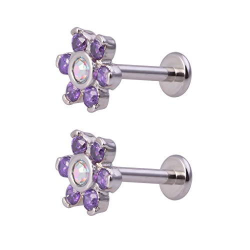 LIZD Labret Lip Stud Piercing Helix Cartilage Daith Earring Barbell Body Jewelry AAA Zircon Crystal Flower Style (Purple（1pair）)