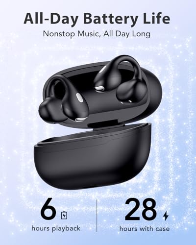 Open Ear Clip On Earbuds, Bluetooth 6.0 Wireless Earphones, Lightweight Comfort-Fit Sport Headphones with Crystal-Clear Sound for Running, Workout & Outdoor, Black