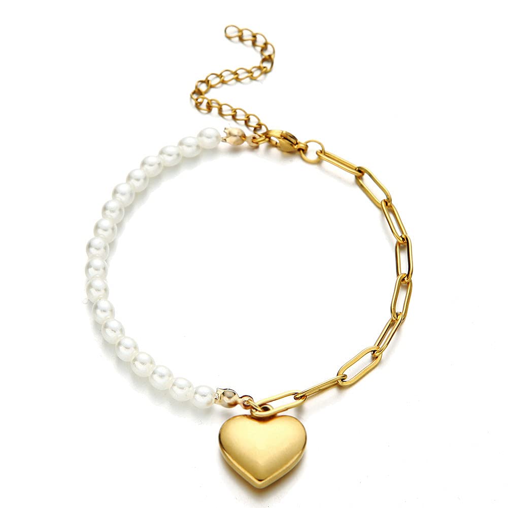 chengxun Pearl Square Chain Combination Bracelet Stainless Steel Love Heart Pendant Charm Bracelet Valentine's Day Gift for Women (Gold)