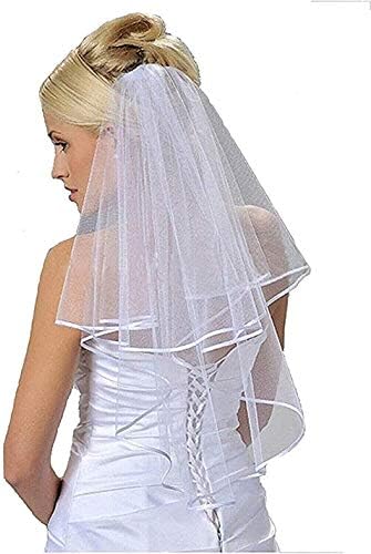 Women's Two Tier Bridal Veils Satin Ribbon Edge Tulle Bride Wedding Veil