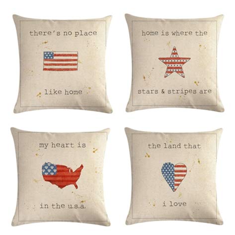 Homedy 4 Pack Throw Pillow Covers,Patriotic American Flag July 4th Inspired,USA Flag Cotton Linen Pillow Cases Couch Cushion Cover 18 X 18 Inch
