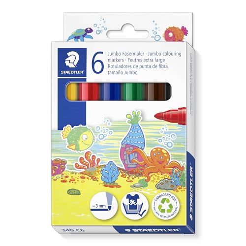 Noris 340 Jumbo - Rotulador para manos de niños pequeños, estuche de cartón con 6 rotuladores Jumbo en colores surtidos, 340 C6