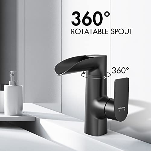 Black Bathroom Faucet - WaterSong Bathroom Sink Faucet, Waterfall Spout Faucet for Bathroom Sink, Matte Black Single Hole Bathroom Faucet, 360° Swivel Spout, RV Modern Bathroom Faucet, 100% Lead-Free