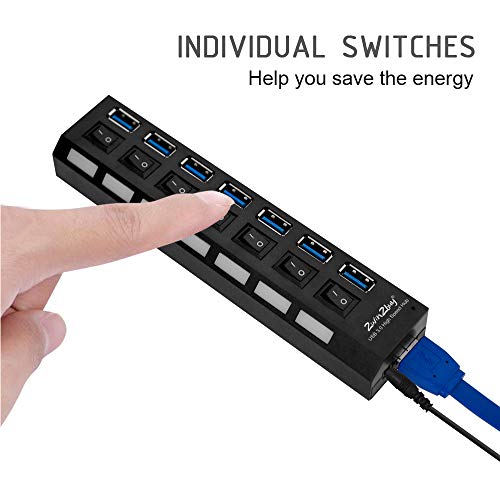 USB HUB 3.0 Splitter for Ps4,2win2buy 7 Port USB Data Hub with Power Adapter and Charging Port,Individual On Off Switches & Lights for Laptop PC Computer Mac Playstation 4 Slim Pro Flash Drive