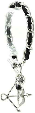 Parisian Chic Bracelet Interlaced Faux Leather Charm Aged Finish Bow And Arrow Lucite Stone Sword Heart Toggle Closure Drop Black