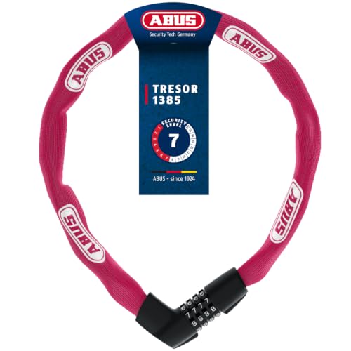 ABUS Kettenschloss Tresor 1385 – Zahlenschloss aus gehärtetem Stahl – 7 mm starke Vierkantkette – ABUS-Sicherheitslevel 7 – 85 cm – Koralle