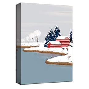 Canvas Wall Art Dreamstory Kid Near Red Farmhouse in Snow Winter Painting Artwork for Home Decor Framed - 12x18 inches