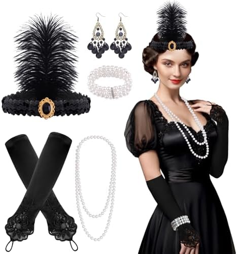 Roaring 20\'s Flapper Gatsby Accessories Set 10 Pieces Headpiece Shawl Gloves Amazon.com: ELECLAND 10 Pieces 1920s Flapper Accessories Set  main image 4