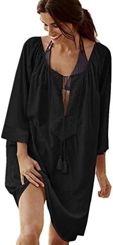 Halijack Women Beach Cover Up, Bohemian Hollow Out Lace Tassels Swimwear Coverups Loose Plus Size Bikini Swimsuit Beachwear 3/4 Sleeve Tops Smock Summer Beach Sunscreen Mini Dress
