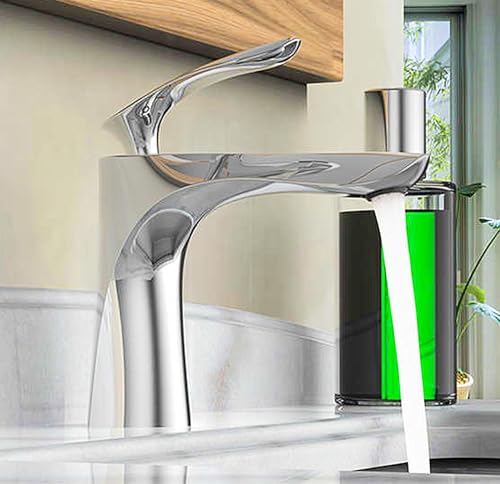 Aishini Bathroom Sink Faucet, Heavy Duty Energy-Efficient Tap, Single-Lever Cold & Hot Water Bathroom mixer, Stylish Contemporary Bathroom Faucet, Basin or Deck Mount Bathroom Fixtures | Chrome