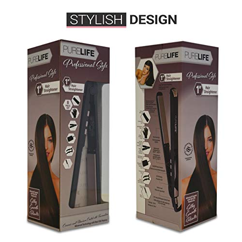 Hair Straightener by PureLife | 1 Inch Professional Tourmaline, Ceramic & Titanium Flat Iron | 8 Pc Set: Hair Brush, Heat Resistant Glove, Silicone Mat, 2 Hair Clips, Tail Salon Comb & Travel Pouch