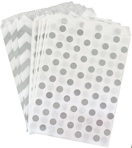 Outside the Box Papers Polka Dot and Chevron Paper Favor Sacks 5.5 x 7.5 48 Pack Silver, White