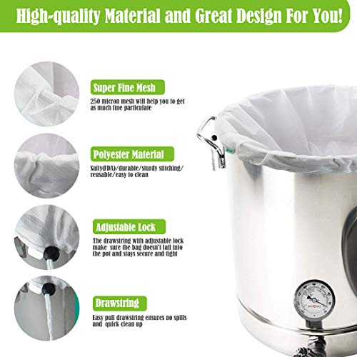 W&W Brew Bags Reusable Straining Mesh Bag for Fruit Wine Cider Press Apple Grape Filter Bag Drawstring Brew in a Bag 250 Micron (White, Multi-Size/3pcs)