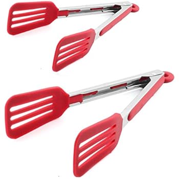 STARUBY Kitchen Tongs 9 inch and 12 inch Fish Tongs Stainless Steel Cooking Silicone Buffet Serving Tongs Heat Resistant Meat Turner Spatula Tongs with Locking Handle Joint, Red