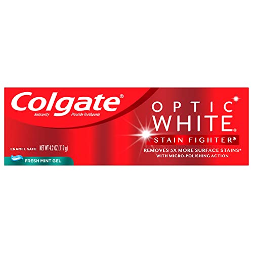 Colgate Optic White Stain Fighter Whitening Toothpaste Gel, Fresh Mint, Safely Removes Surface
