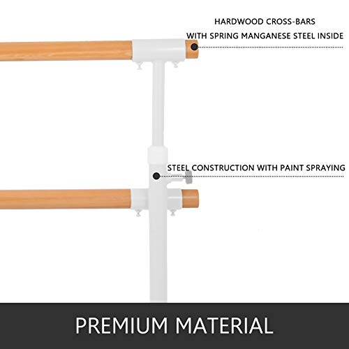 Popsport Traditional Wood Portable Floor Single/Double Bar Ballet Barre 4/5FT Firm Ballet Bar Professional Height Floor Mount Ballet Barre Portable for Home Dance Barre Fitness Bar (4FT, White/Double)