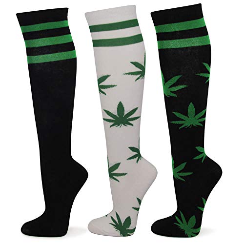 Couver Premium Quantity Cotton Knee High Referee Socks Multi-Assorted Pack (Medium, Marijuana Leaf)