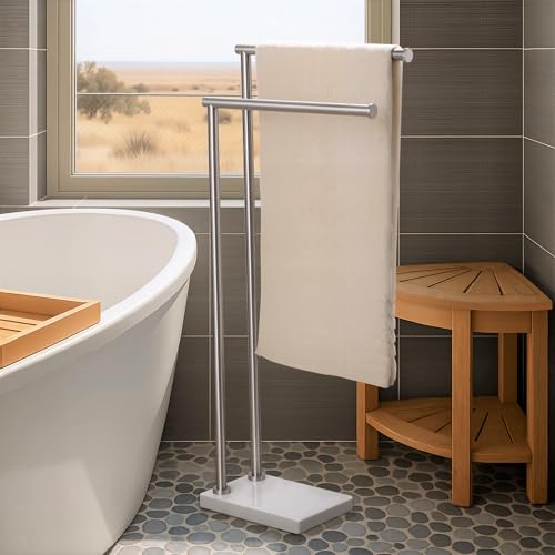 KES - Freestanding Wobble Free Standing Towel Rail with Weighted Natural Marble Base, 2 Tier Towel Rack for Bathroom Floor, Upgraded Constant Design, Steel