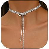XUN Zhe Rhinestone Bowknot Choker Necklace for Women Crystal Long Tassel Clavicle Chain Necklace Cubic Zirconia Bow Knot Jewelry for Women Gifts