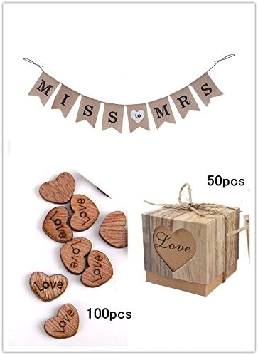 Pack of 3, MISS TO MRS Burlap Banner, Rustic Kraft Boxes And Wooden Love Heart for Party Decoration