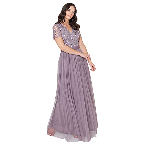 Maya Deluxe Women's Maxi Dress Ladies Bridesmaid V-Neck Ball Gown Short Sleeves Long Elegant Empire Waist Wedding, Moody Lilac, 16