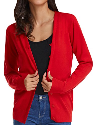 GRACE KARIN Women's Knitwear V-Neck Long Sleeve Open Front Stretchy Cardigan (M,Red)