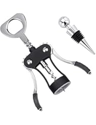 Foho Wine Opener, Multifunctional Wing Corkscrew Wine Bottle Opener for all Cork Stoppered and Beer Cap Bottles, Luxury Waiter Corkscrew with Stopper Set for Wine Enthusiast, Waiters - Black