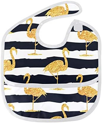 Bib Boy Girl Food Catcher Flamingo Gold Stripe Weaning Baby Waterproof Toddler