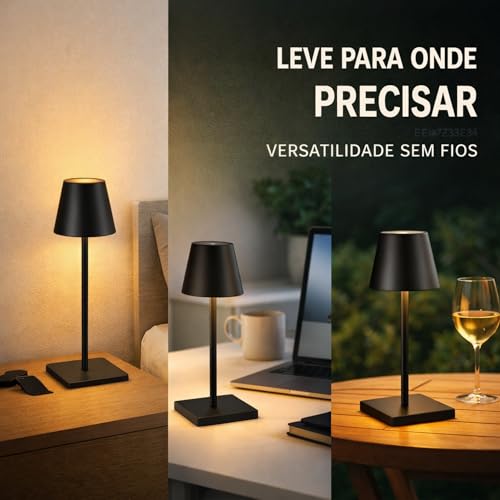 Luminária de Mesa LED Sem Fio, Recarregável via USB-C, Touch Dimerizável com 3 Tons de Luz, Portátil com Altura Ajustável (PRETO)