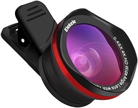 4K HD Phone Camera Lens, Elekele 2-In-1 Universal 0.45x Micro Lens+ 15x Super Wide Angle Lens for iPhone Samsung &amp; Most Smartphones, Tablet (Red)