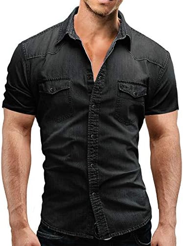 CHC Men's Solid Slim Fit Short-Sleeved Button Down Closure Denim Shirt