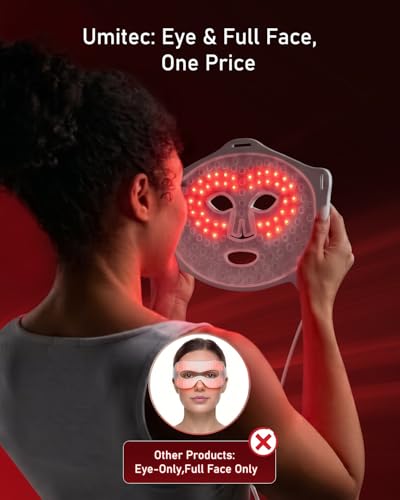 Umitec Zone Craft LED Face Mask, Red Light Therapy Mask, Four Modes Three Levels, Remote Control 10 Minutes, 4000mAh, Storage Bag, Eye Pads, Gift for Wife, Girls(White)