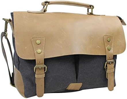 Vagabond Traveler Casual Style Cowhide Leather Cotton Canvas Laptop Bag C43.GRY