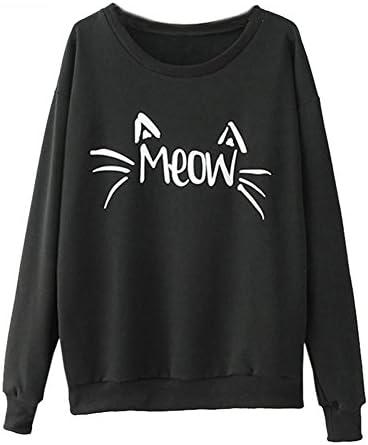 Estory Women's Cat Face and Letter Print Loose Fleece/Sweatshirt/Shirt