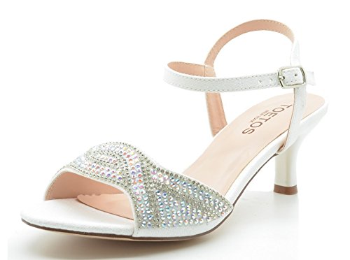 TOETOS BERK-175 Women's Summer Ankle Strap Rhinestones Open Toe Classic Low Heel Sandals Shoes New WHITE SIZE 10