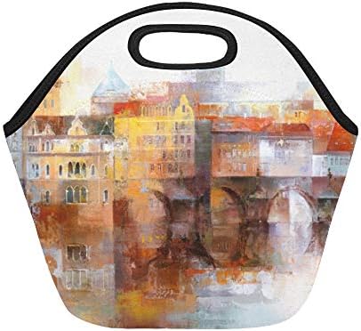 Insulated Neoprene Lunch Bag Colorful City Painting Art Oil Painting Landscape Oil Paint Design Large Size Reusable Thermal Thick Lunch Tote Bags For Lunch Boxes For Outdoors,work, Office, School