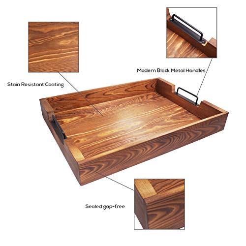 Rustic Large Tray with Handles 20-Inch, Wooden Serving Trays, Distressed Torched Wood Tray, Farmhouse Wood Butler Platters for Serve Breakfast, Appetizer, Coffee, Bar, Food, Party