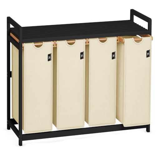 AdelDream Wäschekorb 200L, 4 Fächer Wäschesammler mit Ablage, Bambusrahmen